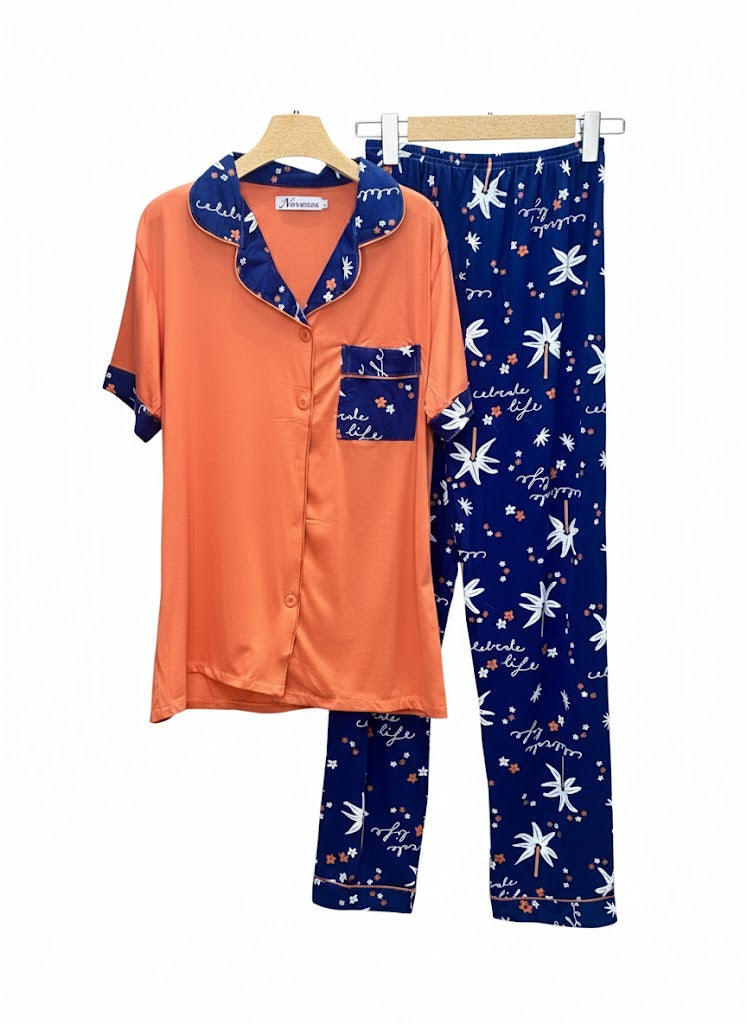 Satin Nightwear Set – Rust & Navy