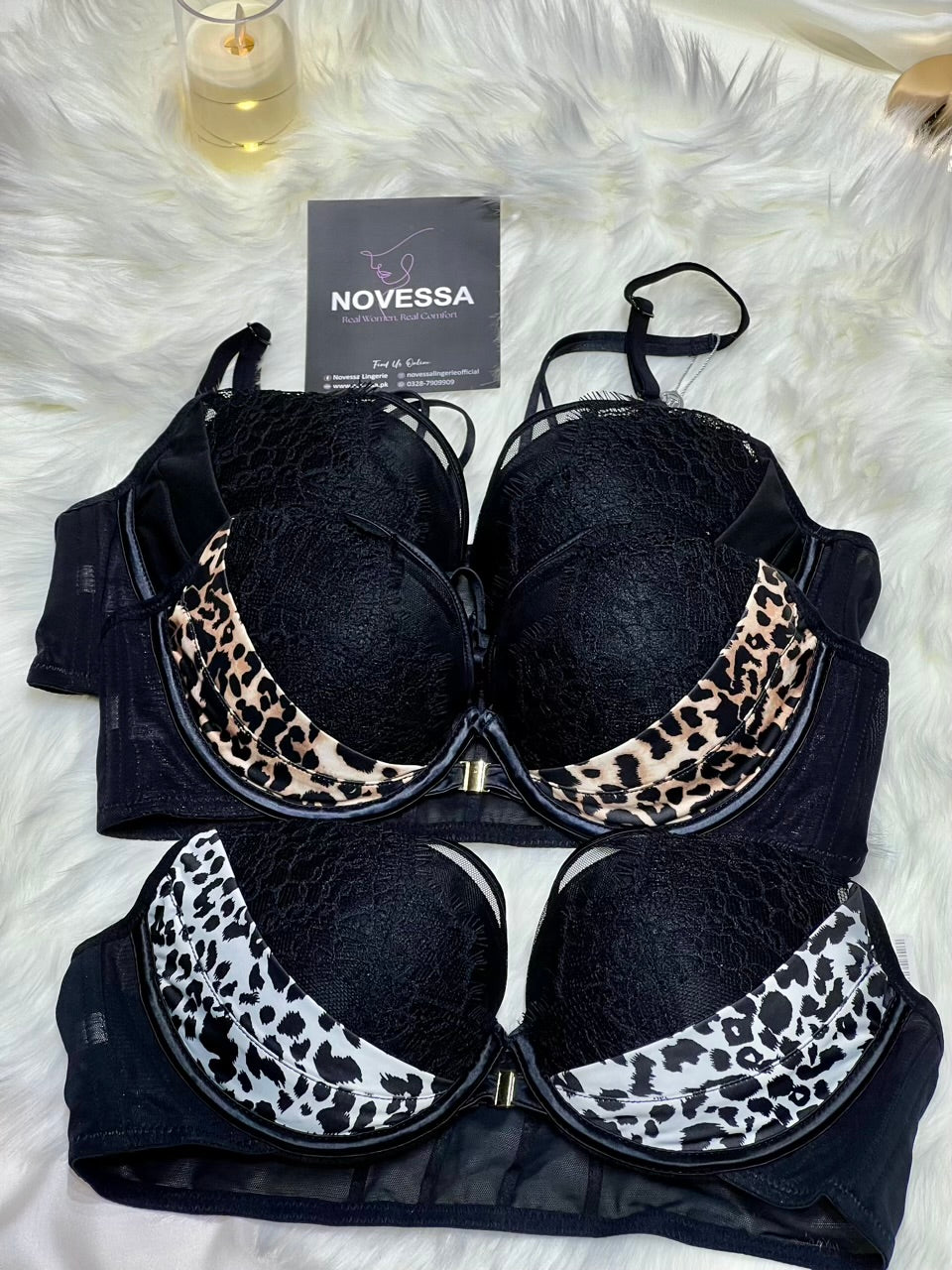 Wild Elegance — Padded Lace Bras with Leopard Print Trim