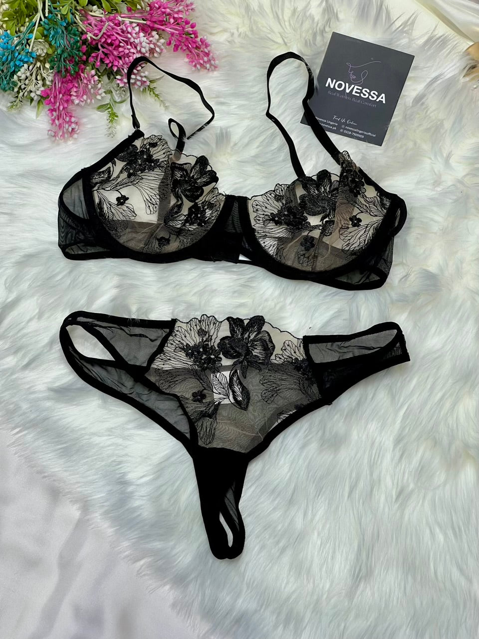 Midnight Bloom — Embroidered Floral Mesh Bra & Panty Set
