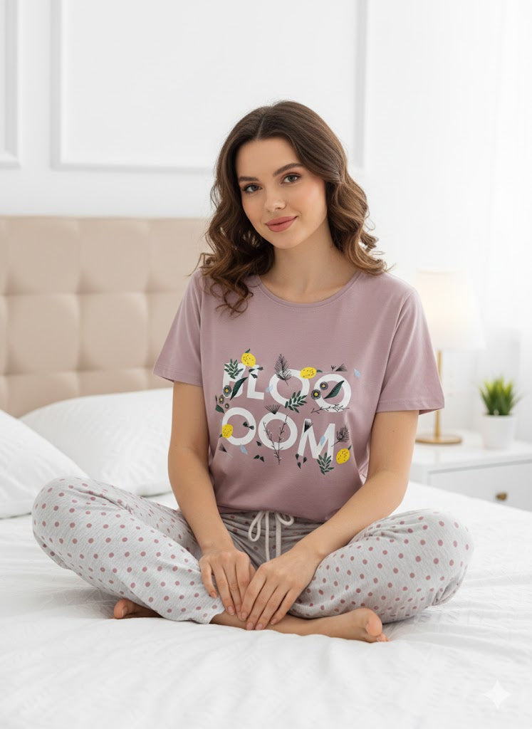 Women's "BLOOM" Printed Night Suit - Lavender & Polka Dot