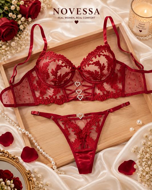 Heart-Net Embroidered Lace Lingerie Set