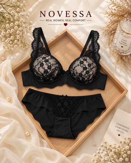 Light Padded Full-Coverage Bra and Panty Set with Floral Lace Overlay