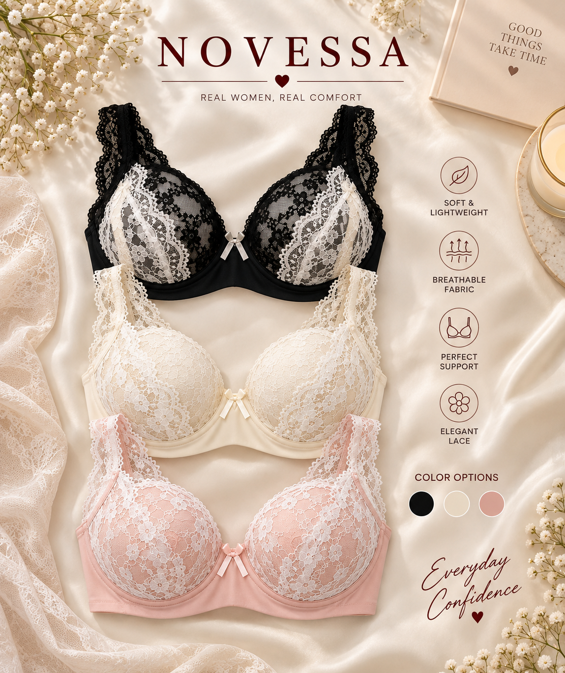 Light Padded Full-Coverage Bra and Panty Set with Floral Lace Overlay