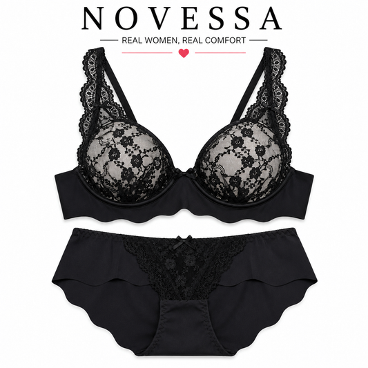Light Padded Full-Coverage Bra and Panty Set with Floral Lace Overlay