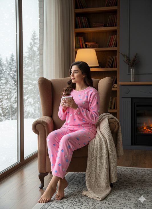 Pink Polka Dot Fleece Nightwear Set