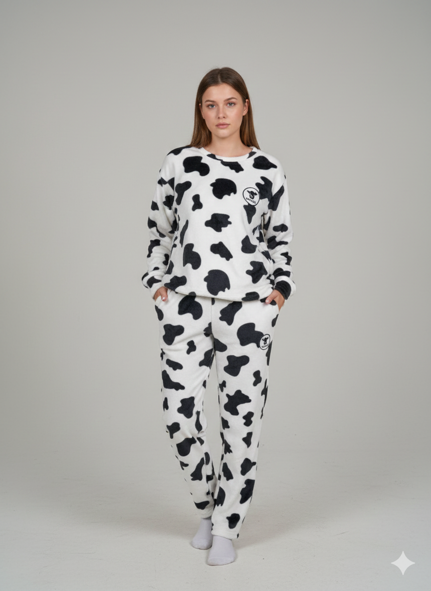 Black & White Cow Print Fleece Nightwear Set