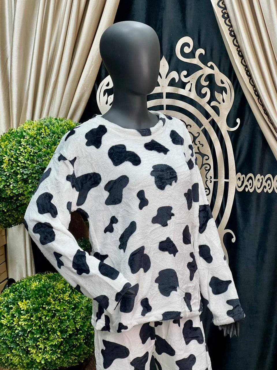 Black & White Cow Print Fleece Nightwear Set