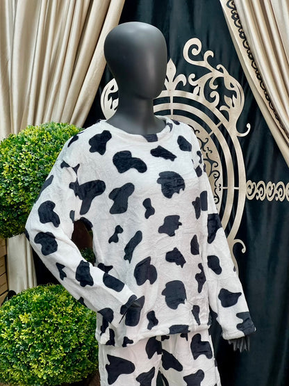 Black & White Cow Print Fleece Nightwear Set