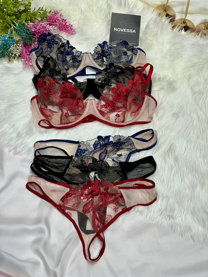 Midnight Bloom — Embroidered Floral Mesh Bra & Panty Set
