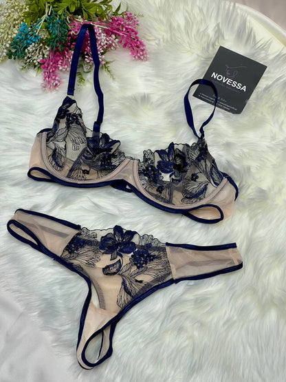 Midnight Bloom — Embroidered Floral Mesh Bra & Panty Set