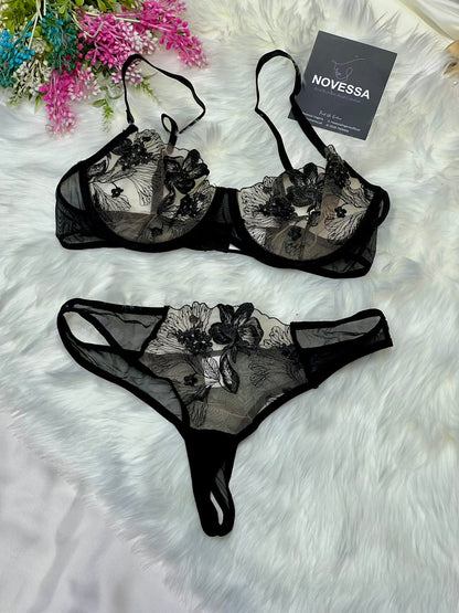 Midnight Bloom — Embroidered Floral Mesh Bra & Panty Set