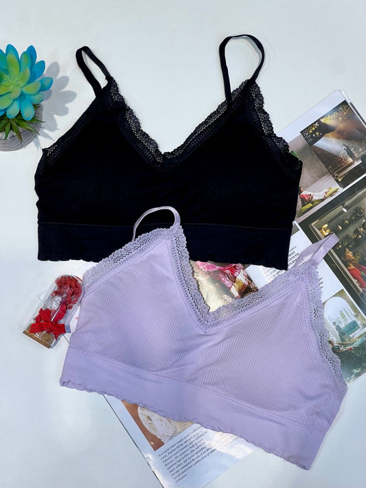 Lace Trim Seamless Bralette – Pack of 2 (Black & Lilac)