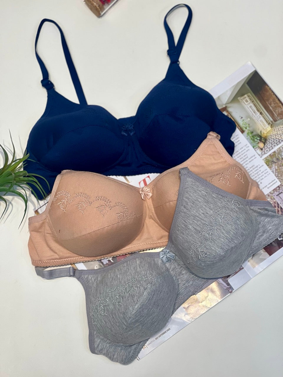 Full-Coverage embroidered Cotton Bra – Soft Pad, Non-Wire