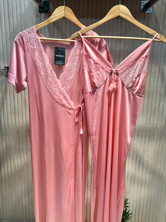 2-Piece Silk Nighty Set – Sleeveless & Full-Sleeve Gown