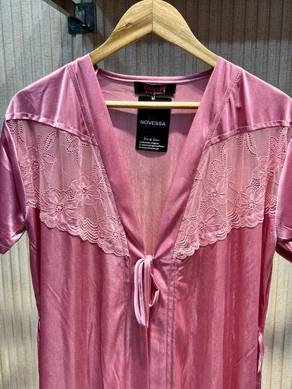 Elegant 2-Piece Pink Silk Nighty Set – Sleeveless & Full-Sleeve Gown