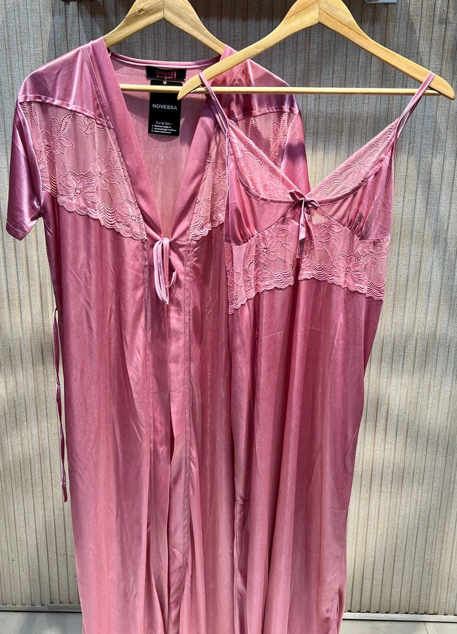 Elegant 2-Piece Pink Silk Nighty Set – Sleeveless & Full-Sleeve Gown