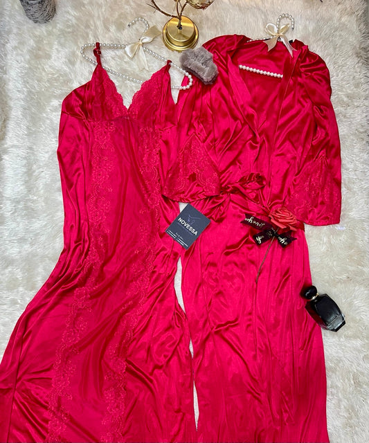 Luxe 2piece- Silk Red Nighty – Soft Nightwear Elegance