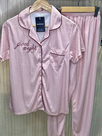 Pink Satin Pajama Set – "Good Night" Embroidery