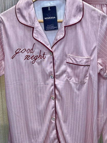 Pink Satin Pajama Set – "Good Night" Embroidery