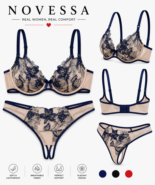 Midnight Bloom — Embroidered Floral Mesh Bra & Panty Set