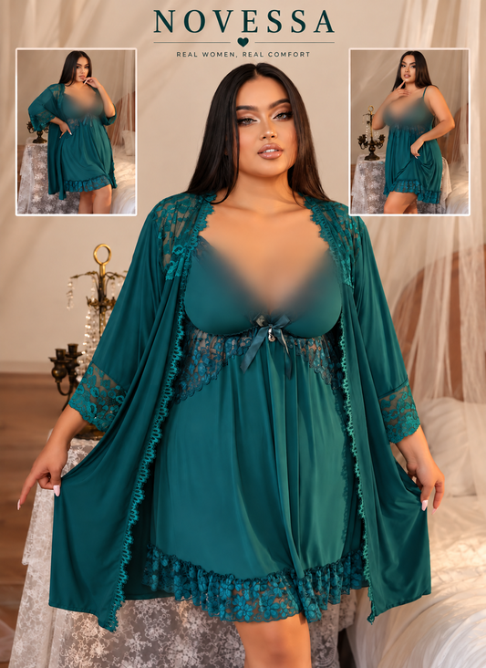 Elegant Plus Size Teal Lace Nightdress & Robe Set