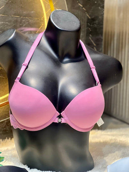 Pink Padded Bra with Lace & Triple Strap Back – Front Closure Push-Up Style