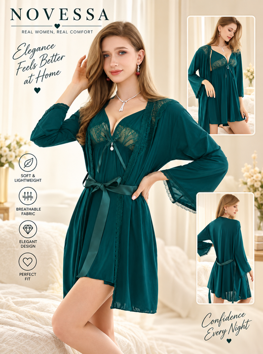 Luxe Lace Nightwear Set – Elegant Robe & Nightdress