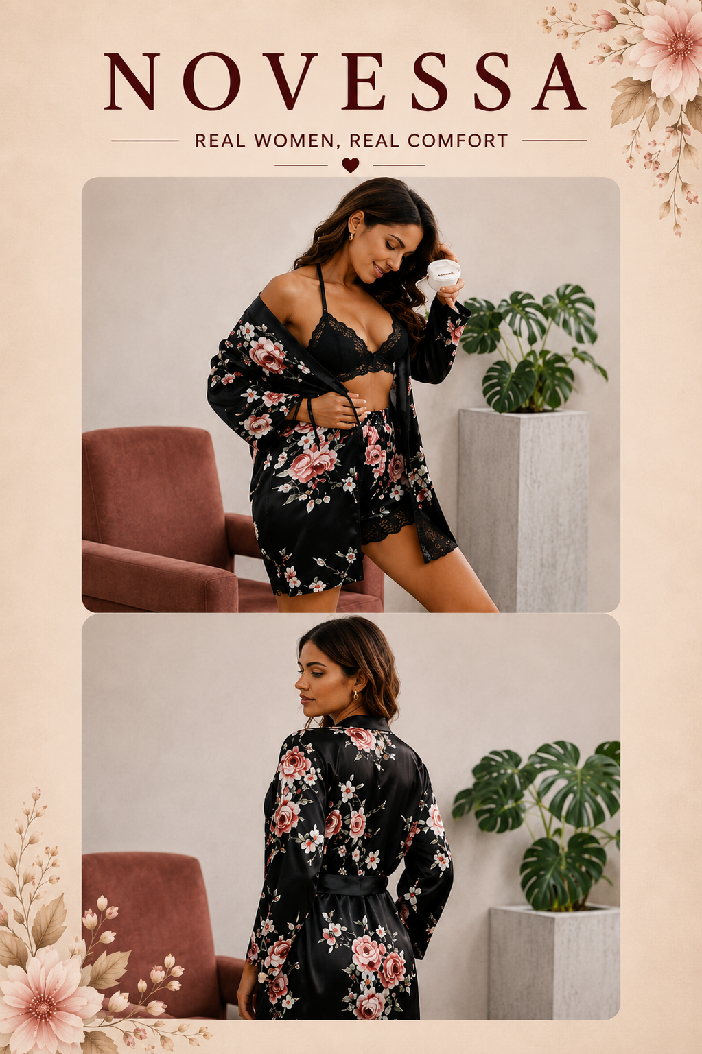 Floral Satin Nightwear Set – Elegant 3-Piece Night Suit