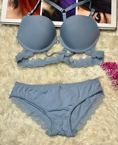 Pink Padded Bra with Lace & Triple Strap Back – Front Closure Push-Up Style