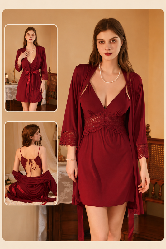 Luxury Satin Nightwear Set with Lace Robe – 2-Piece Sleepwear