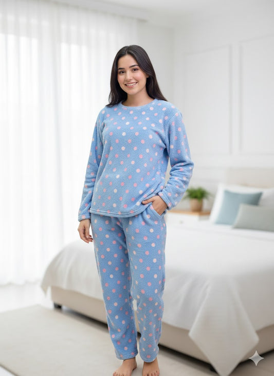 Polka Dot Fleece Lounge Set – Soft & Cozy Winter Wear